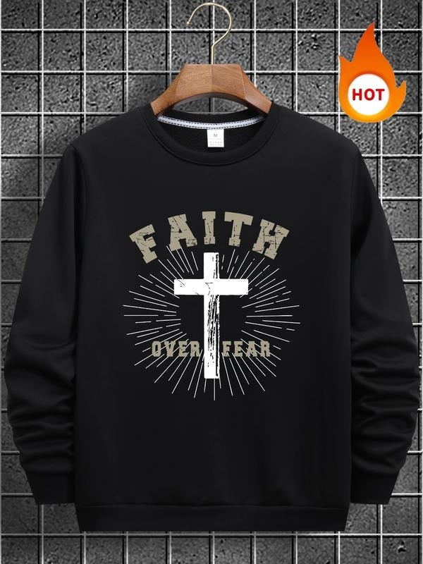 Men's Letter & Cross Print Round Neck Sweatshirt, Regular Fit Casual Long Sleeve Crew Neck Pullover for Fall & Winter,...