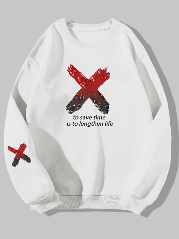 Men's Letter & Cross Print Round Neck Sweatshirt, Regular Fit Fashion Casual Long Sleeve Pullover for Fall & Winter,...