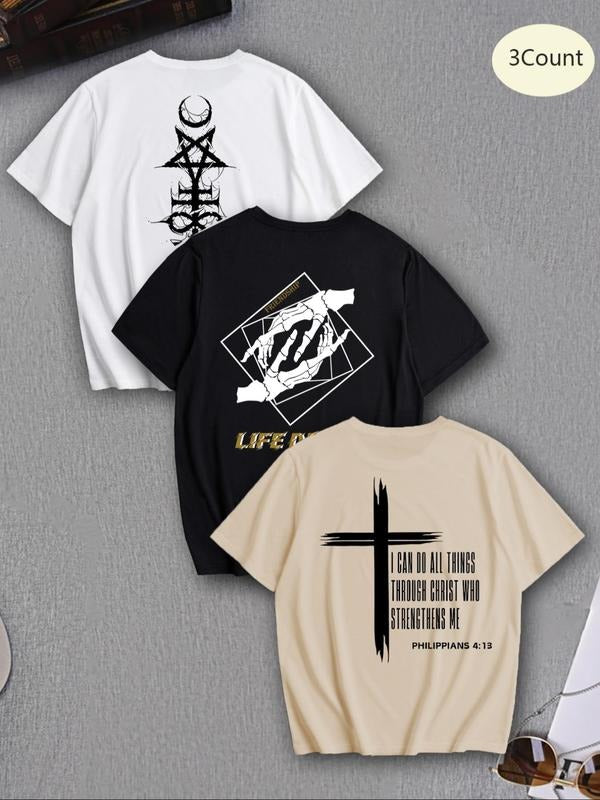 Men's Letter & Cross Print Round Neck Tee, Loose Casual Fashion Half Sleeve T-shirt for Summer, Men's Top for Daily Wear...