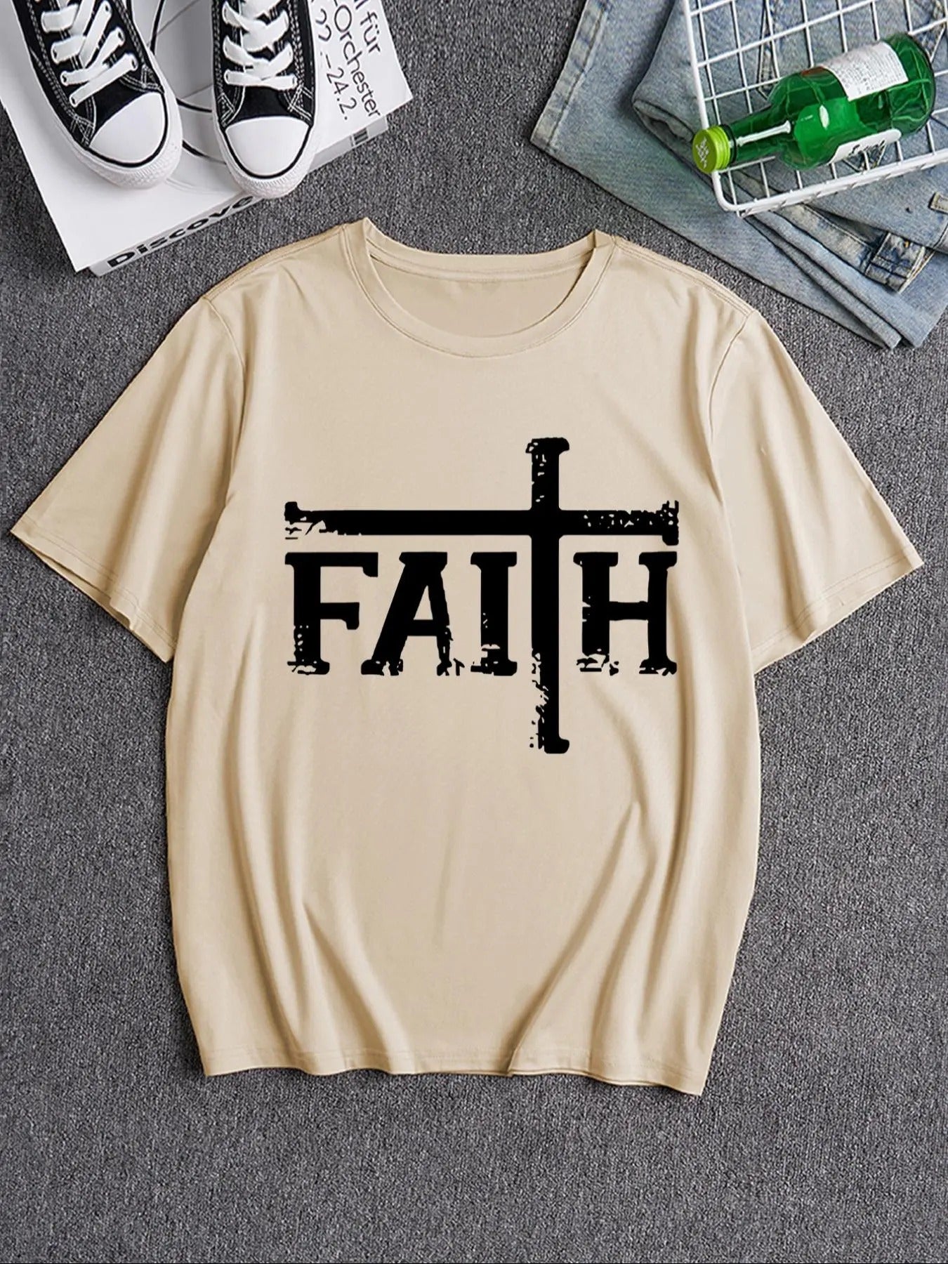 Men's Letter & Cross Print Round Neck Tee, Loose Casual Fashion Short Sleeve T-shirt for Summer, Men's Top for Daily Wear...