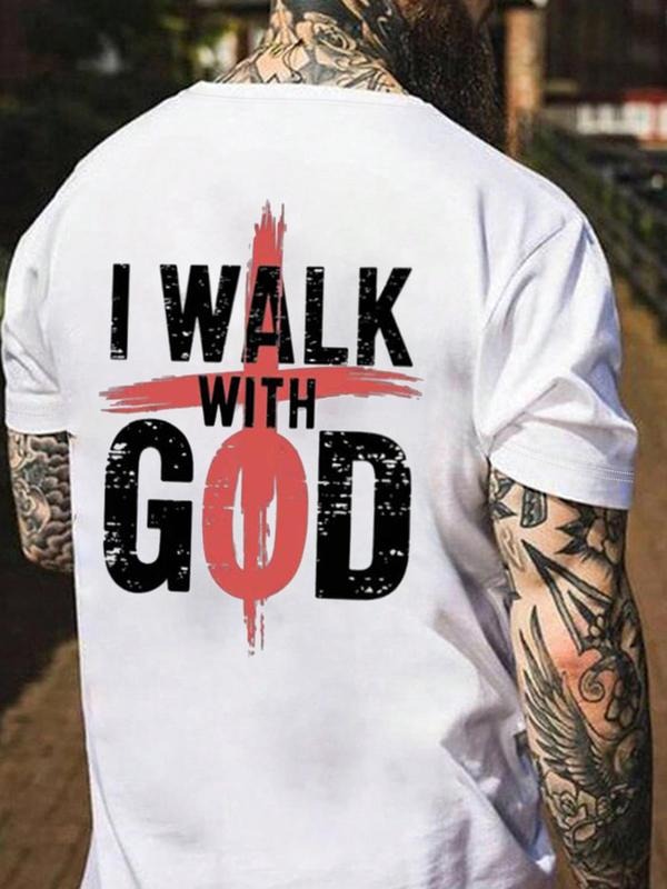 Men's Letter & Cross Print Round Neck Tee, Regular Fit Casual Short Sleeve Crew Neck T-shirt for Summer, Men's Top for...