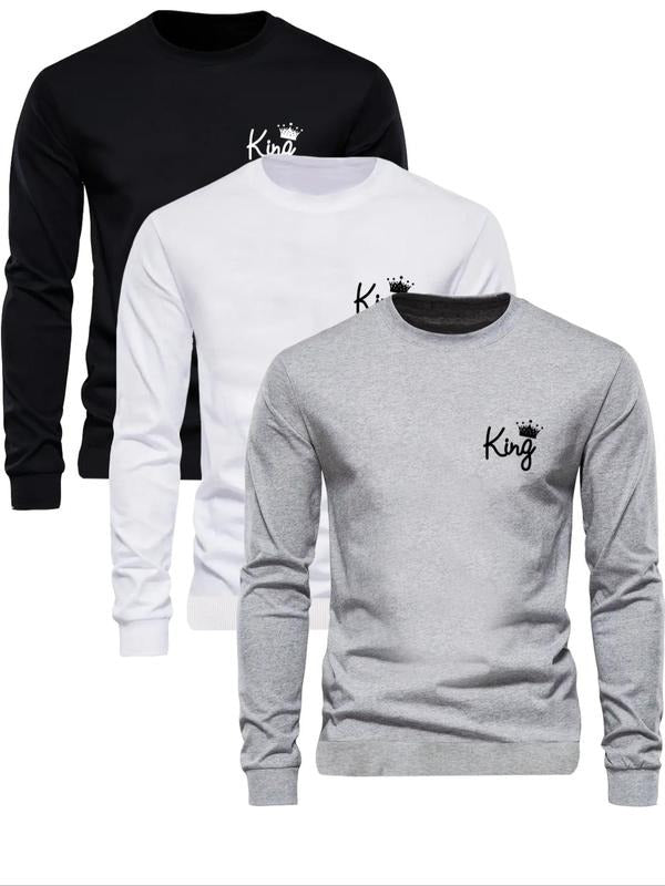 Men's Letter & Crown Print Round Neck Sweatshirt, Regular Fit Casual Long Sleeve Crew Neck Pullover for Fall & Winter,...