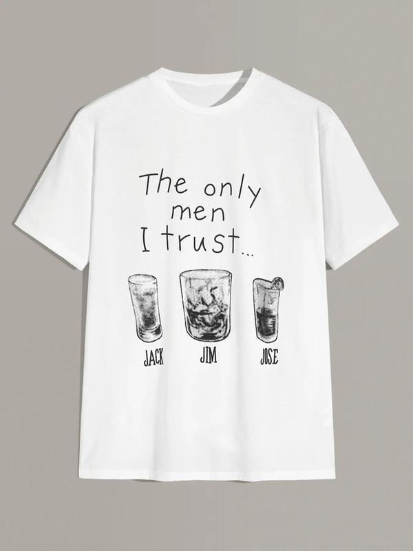 Men's Letter & Cup Print Round Neck Tee, Regular Fit Trendy Casual Short Sleeve Crew Neck T-shirt for Daily Wear, Men's...