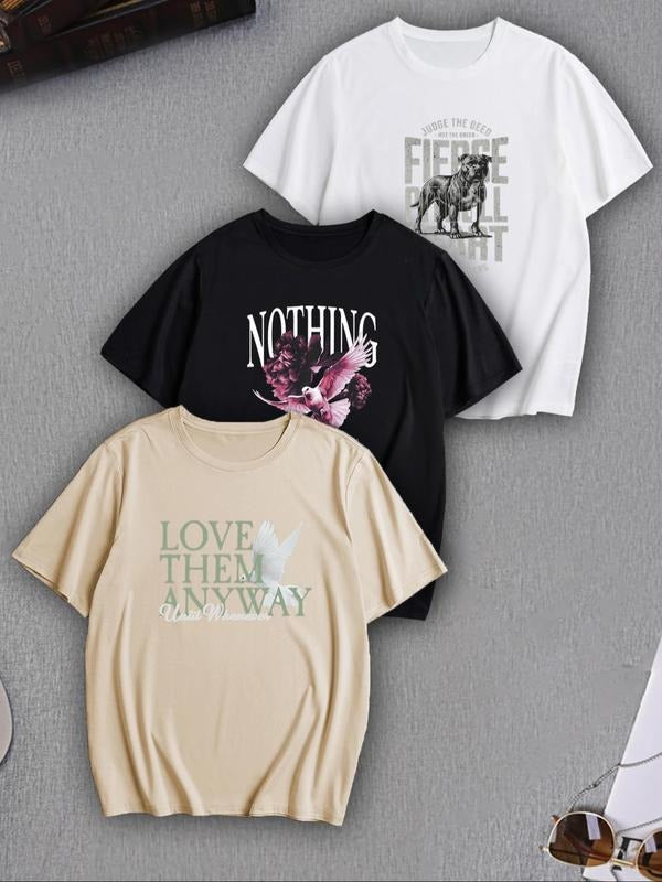 Men's Letter & Dove & Dog Print Round Neck Tee, Loose Casual Short Sleeve T-Shirt for Summer, Men's Top for Daily Wear,...