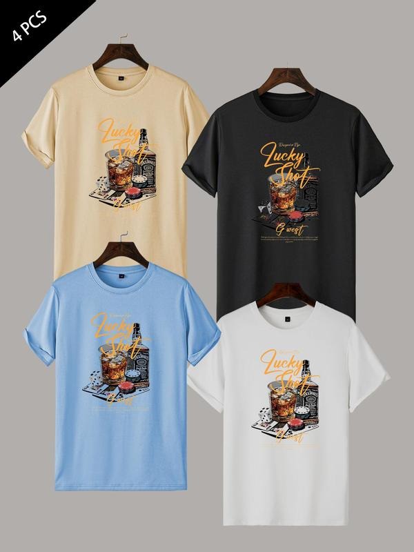 Men's Letter & Drink Print Round Neck Tee, Regular Fit Casual Short Sleeve T-shirt for Summer, Men's Top for Daily Wear,...
