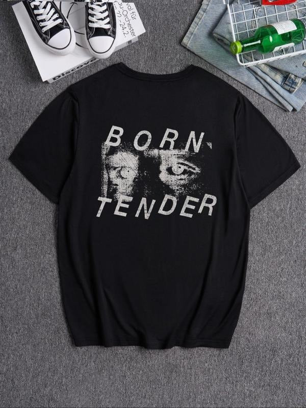 Men's Letter & Eyes Print Round Neck Tee, Regular Fit Casual Short Sleeve T-shirt, Men's Summer Top for Daily Wear...