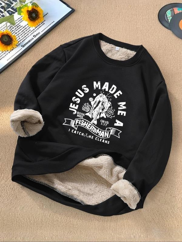 Men's Letter & Fish Print Round Neck Sweatshirt, Regular Fit Casual Long Sleeve Crew Neck Pullover for Fall & Winter,...