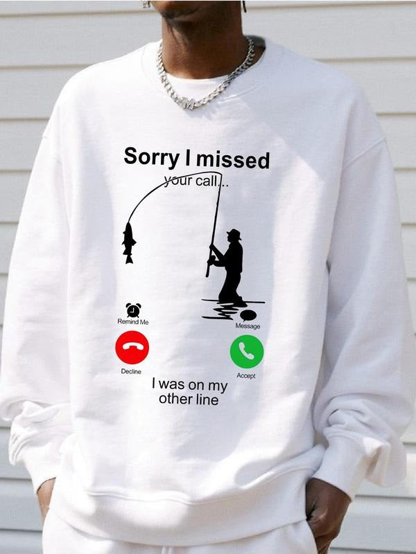 Men's Letter & Fishing Man Print Drop Shoulder Sweatshirt, Regular Fit Casual Soft Comfy Long Sleeve Round Neck Pullover...