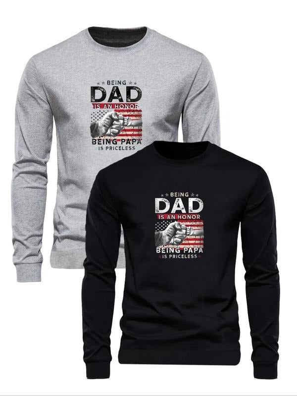 Men's Letter & Flag Print Round Neck Sweatshirt, Regular Fit Casual Long Sleeve Crew Neck Pullover for Fall & Winter,...