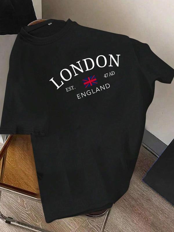 Men's Letter & Flag Print Round Neck Tee, Regular Fit Casual Short Sleeve Crew Neck T-Shirt for Summer, Fashion Men's Top...