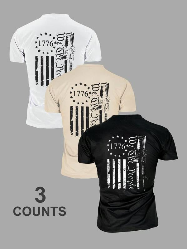 Men's Letter & Flag Print Round Neck Tee, Regular Fit Casual Short Sleeve T-shirt for Summer, Men's Top for Daily Wear...