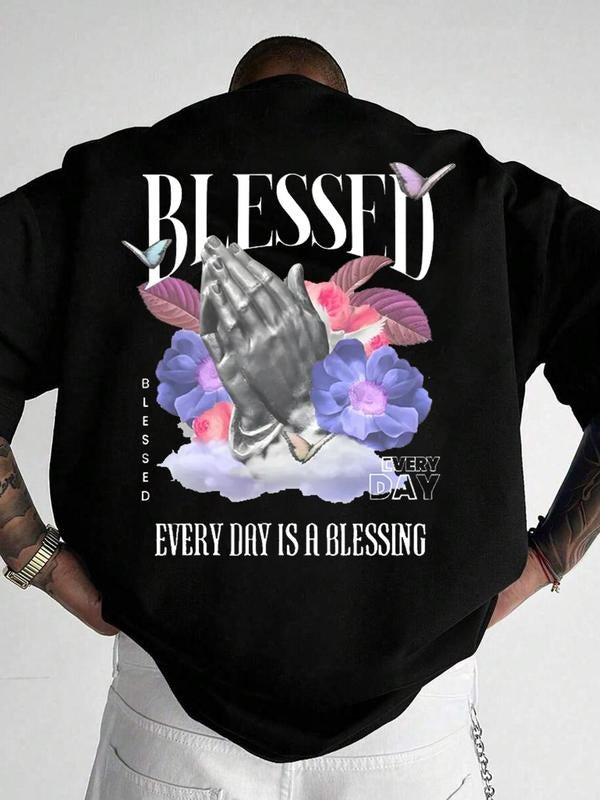 Men's Letter & Floral & Gesture Print Round Neck Tee, Regular Fit Casual Short Sleeve Crew Neck T-shirt for Summer,...