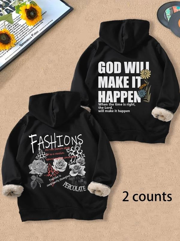 Men's Letter & Floral Print Thickened Hoodie, Casual Regular Fit Long Sleeve Hooded Sweatshirt for Fall & Winter, Men's...