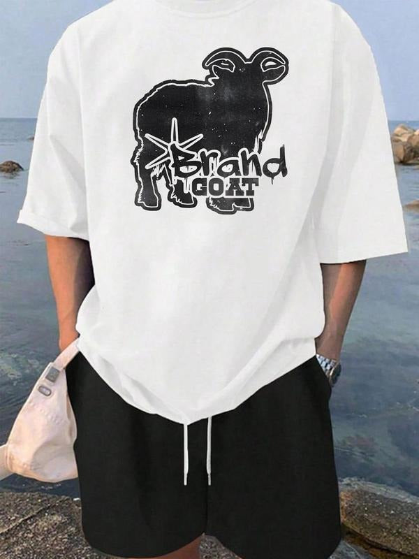 Men's Letter & Goat Print Short Sleeve Graphic Tee, Regular Fit Casual Round Neck T-shirt for Summer, Men's Top for Daily...