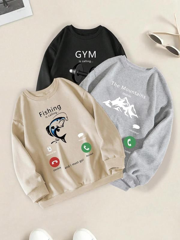 Men's Letter & Graphic Print Drop Shoulder Sweatshirt, Casual Regular Fit Long Sleeve Round Neck Pullover for Fall &...