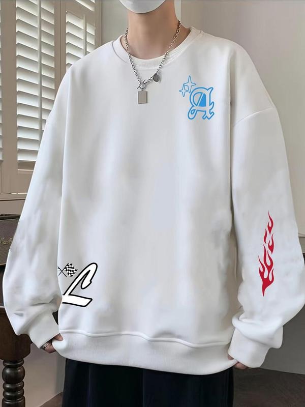 Men's Letter & Graphic Print Drop Shoulder Sweatshirt, Men's Regular Fit Casual Long Sleeve Round Neck Pullover for Fall...
