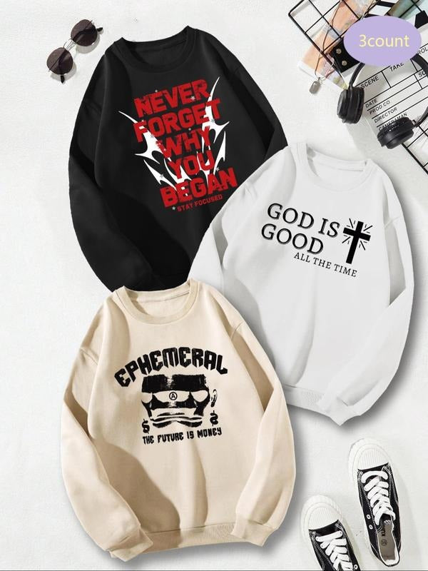 Men's Letter & Graphic Print Drop Shoulder Sweatshirt, Regular Fit Casual Soft Comfy Long Sleeve Round Neck Pullover for...