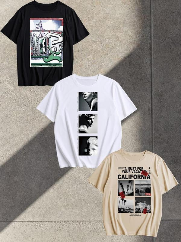 Men's Letter & Graphic Print Round Neck Tee, Loose Casual Short Sleeve T-shirt for Summer, Men's Top for Daily Wear style...