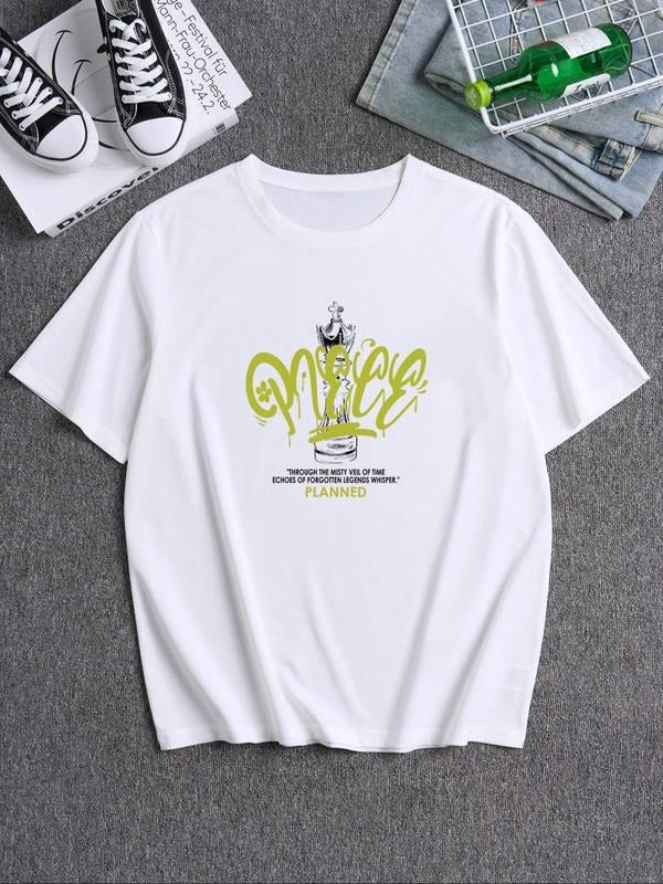 Men's Letter & Graphic Print Round Neck Tee, Loose Casual Short Sleeve T-shirt for Summer, Men's Top for Daily Wear style...