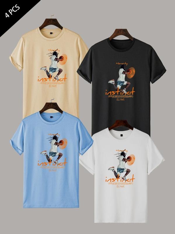 Men's Letter & Graphic Print Round Neck Tee, Regular Fit Casual Short Sleeve T-shirt for Summer, Men's Top for Daily...