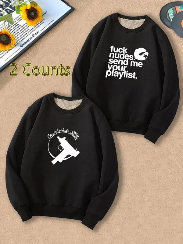 Men's Letter & Gun Print Round Neck Sweatshirt, Regular Fit Casual Long Sleeve Pullover for Fall & Winter, Men's Clothes...