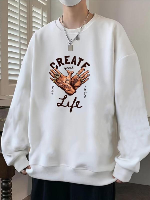 Men's Letter & Hand Print Drop Shoulder Sweatshirt, Regular Fit Casual Soft Comfy Long Sleeve Round Neck Pullover for...