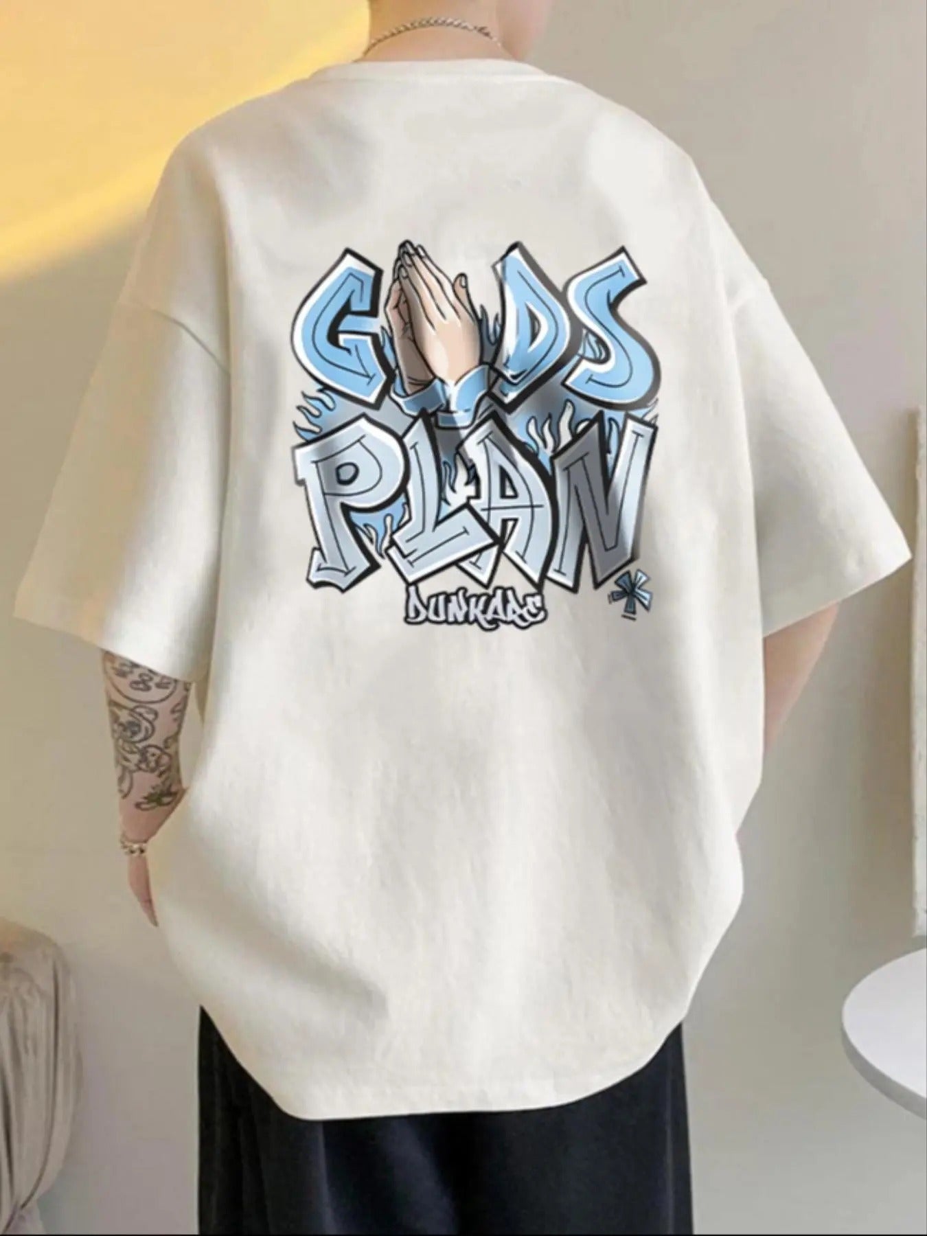 Men's Letter & Hand Print Drop Shoulder Tee, Regular Fit Casual Comfy Round Neck Half Sleeve T-Shirt for Summer, Fashion...