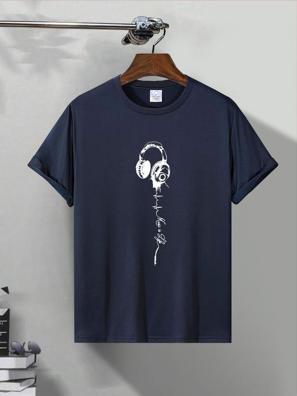 Men's Letter & Headphone Print Round Neck Tee, Regular Fit Casual Short Sleeve Crew Neck T-shirt for Summer, Fashion...