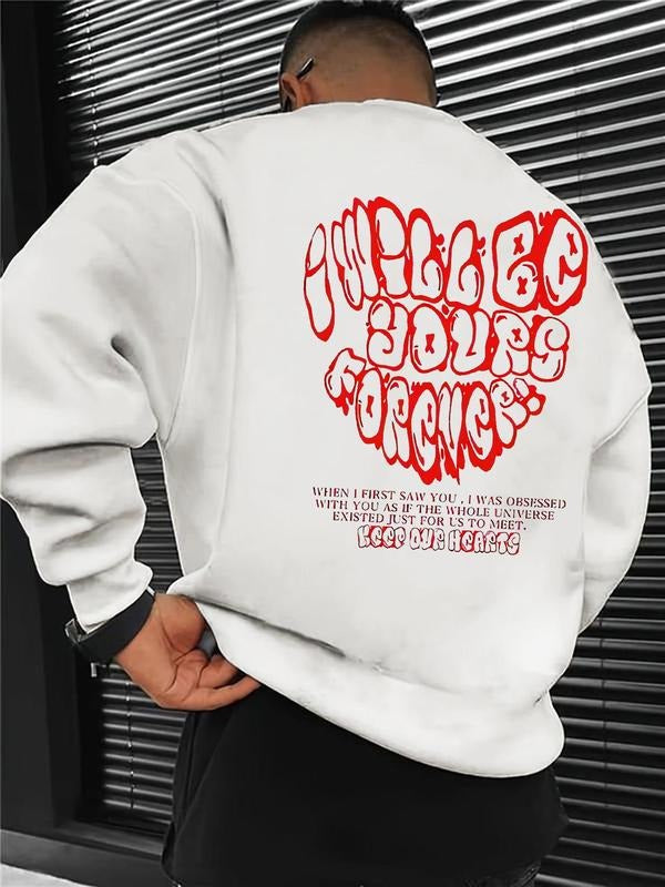 Men's Letter & Heart Print Round Neck Sweatshirt, Regular Fit Casual Fashion Drop Shoulder Long Sleeve Pullover, Men's...