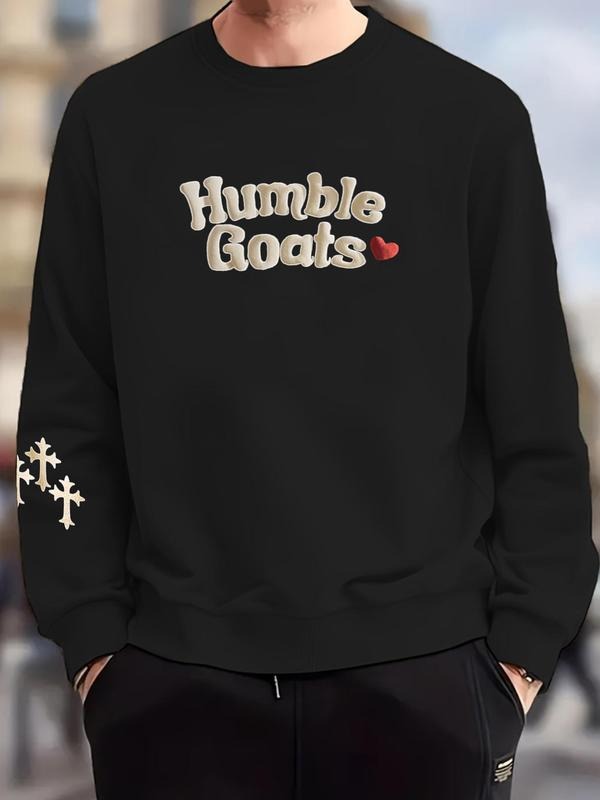 Men's Letter & Heart Print Round Neck Sweatshirt, Regular Fit Casual Fashion Long Sleeve Pullover for Fall & Winter,...