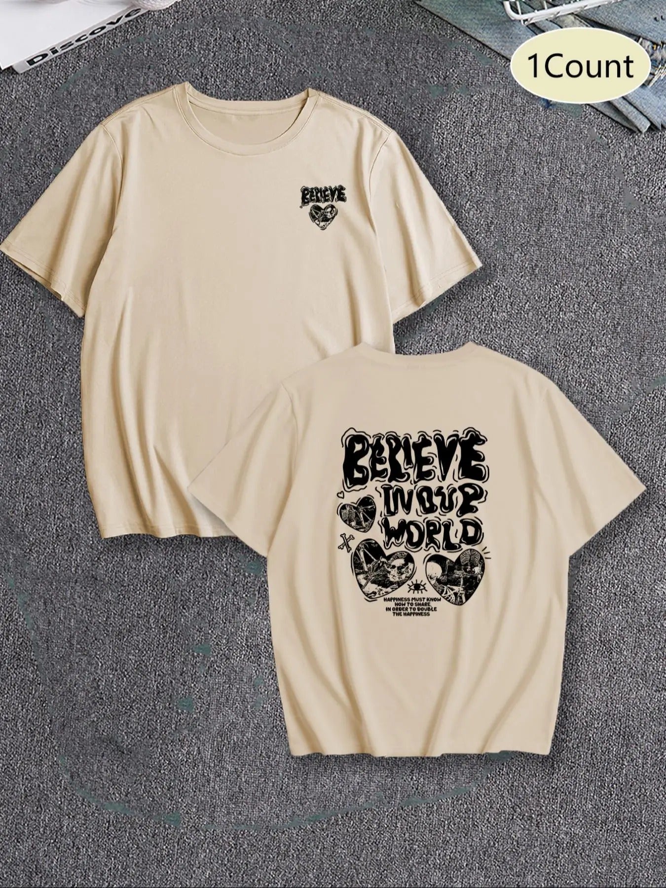 Men's Letter & Heart Print Round Neck Tee, Regular Fit Casual Short Sleeve Crew Neck T-Shirt for Summer, Fashion Men's...