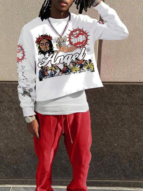Men's Letter & Jesus Print Round Neck Sweatshirt, Regular Fit Casual Long Sleeve Crew Neck Pullover for Fall & Winter,...