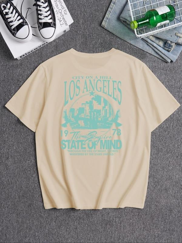 Men's Letter & Los Angeles City View Print Round Neck Tee, Casual Loose Short Sleeve T-shirt for Summer, Men's Top for...