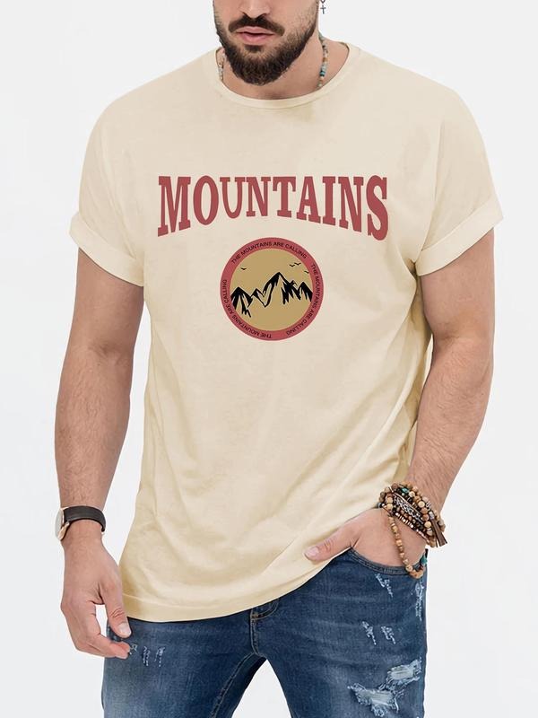 Men's Letter & Mountain Print Round Neck Tee Summer Clothes, Regular Fit Short Sleeve Crew Neck Graphic T-Shirt for...