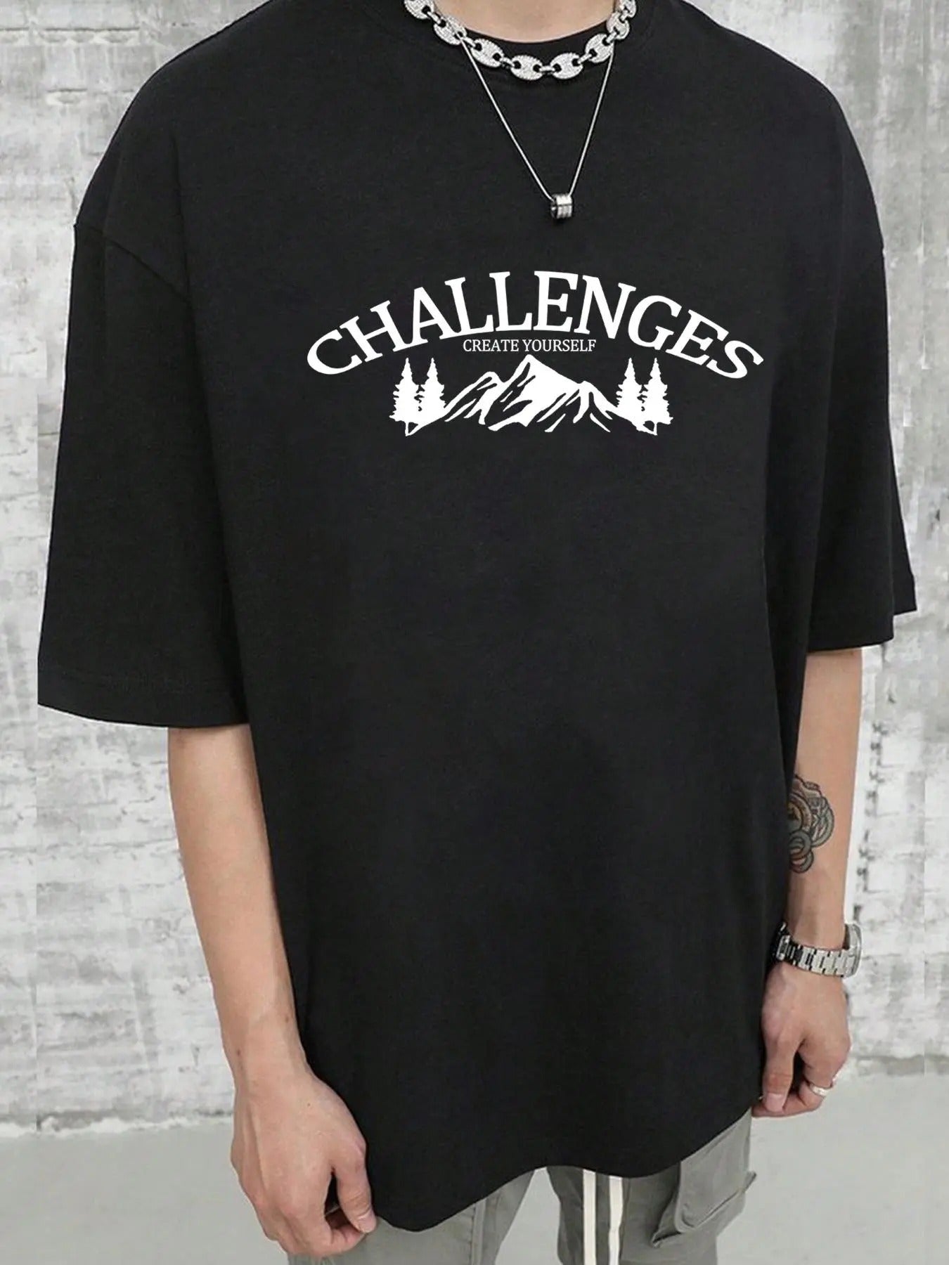 Men's Letter & Mountain Print Round Neck Tee, Loose Casual Short Sleeve T-shirt for Daily Wear, Men's Top for All Seasons...