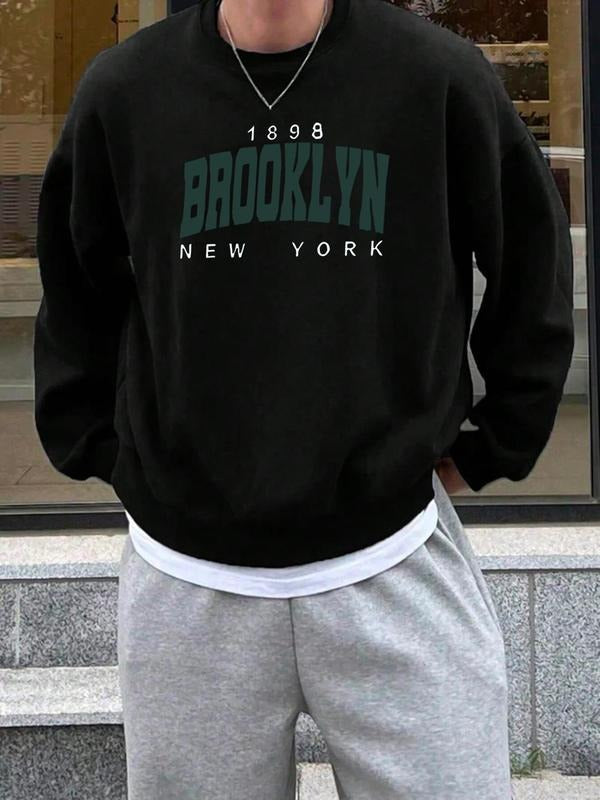 Men's Letter & Number Print Drop Shoulder Sweatshirt, Casual Soft Comfy Regular Fit Long Sleeve Round Neck Pullover for...