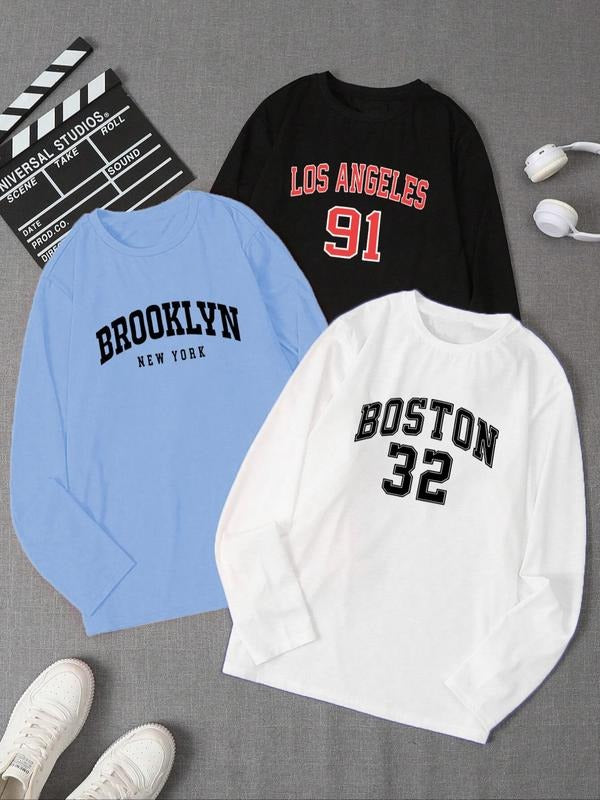 Men's Letter & Number Print Round Neck Long Sleeve Tee, Casual Regular Fit Crew Neck T-shirt for Fall & Winter, Men's Top...