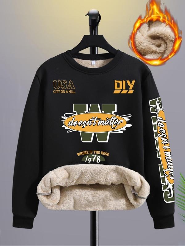 Men's Letter & Number Print Round Neck Sweatshirt, Regular Fit Casual Long Sleeve Crew Neck Pullover for Fall & Winter,...