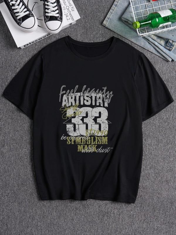 Men's Letter & Number Print Round Neck Tee, Loose Casual Fashion Short Sleeve T-shirt for Daily Wear, Men's Top for All...