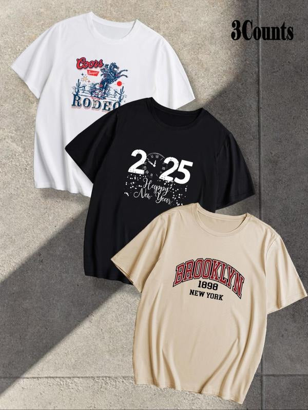Men's Letter & Number Print Short Sleeve Tee, Loose Casual Fashion Round Neck T-shirt for Summer, Men's Top for Daily...