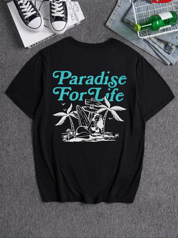 Men's Letter & Palm Tree Print Round Neck Tee, Casual Short Sleeve T-shirt for Summer, Men's Top for Beach Vacation...