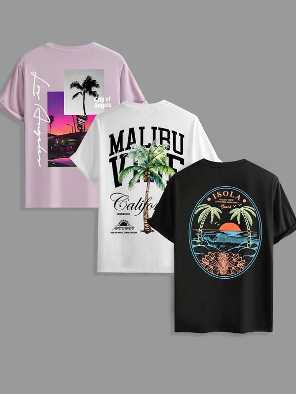 Men's Letter & Palm Tree Print Round Neck Tee, Regular Fit Casual Short Sleeve T-shirt for Summer, Men's Top for Daily...