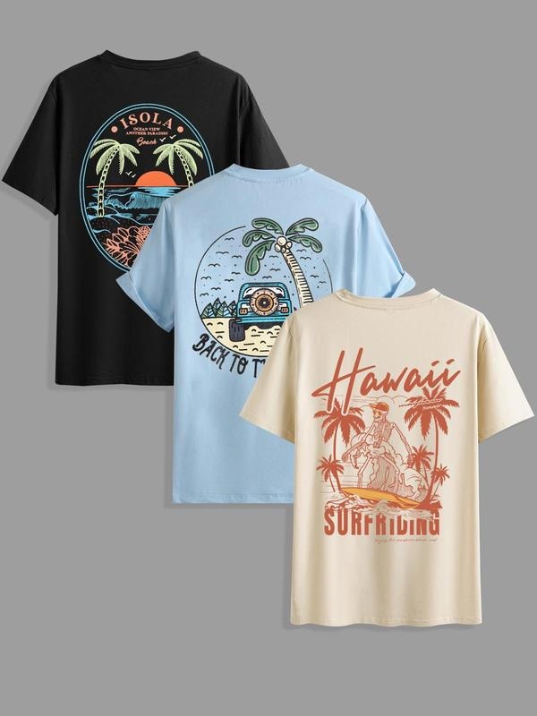 Men's Letter & Palm Tree Print Short Sleeve Tee, Regular Fit Casual Comfy Round Neck T-shirt for Summer, Men's Top for...