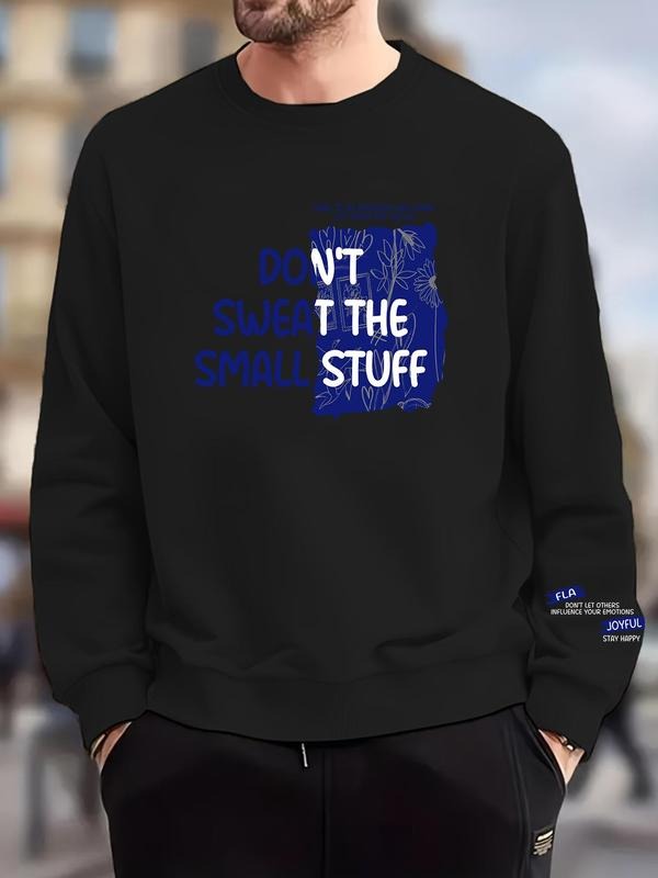 Men's Letter & Plants Print Round Neck Sweatshirt, Regular Fit Casual Long Sleeve Pullover for Fall & Winter, Men's...