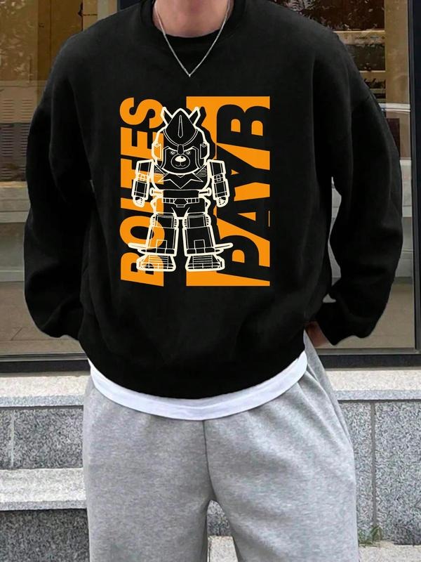 Men's Letter & Robot Print Drop Shoulder Sweatshirt, Casual Soft Comfy Regular Fit Long Sleeve Round Neck Pullover for...