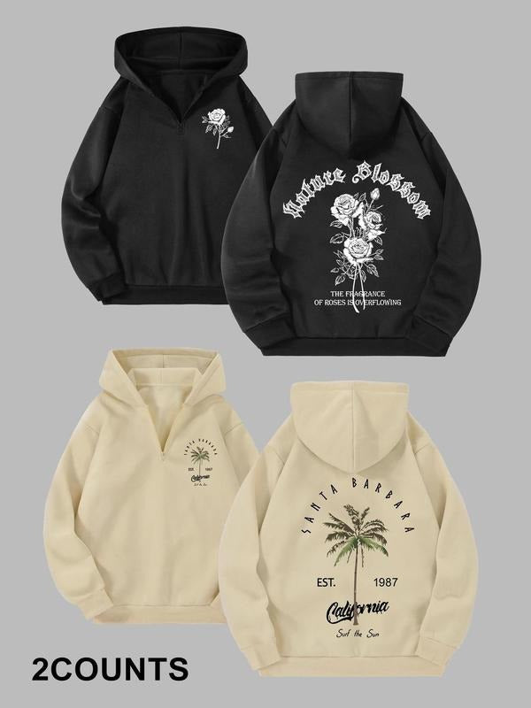 Men's Letter & Rose & Palm Tree Print Zip Up Hoodie, Regular Fit Casual Drop Shoulder Long Sleeve Hooded Sweatshirt for...