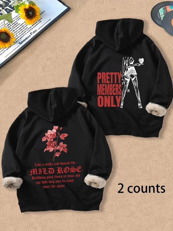 Men's Letter & Rose Print Thermal Lined Hoodie, Casual Regular Fit Long Sleeve Hooded Sweatshirt for Fall & Winter, Men's...