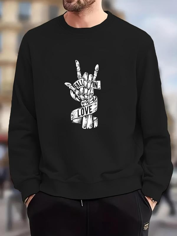 Men's Letter & Skeleton Hand Print Round Neck Sweatshirt, Regular Fit Casual Long Sleeve Crew Neck Pullover for Fall &...