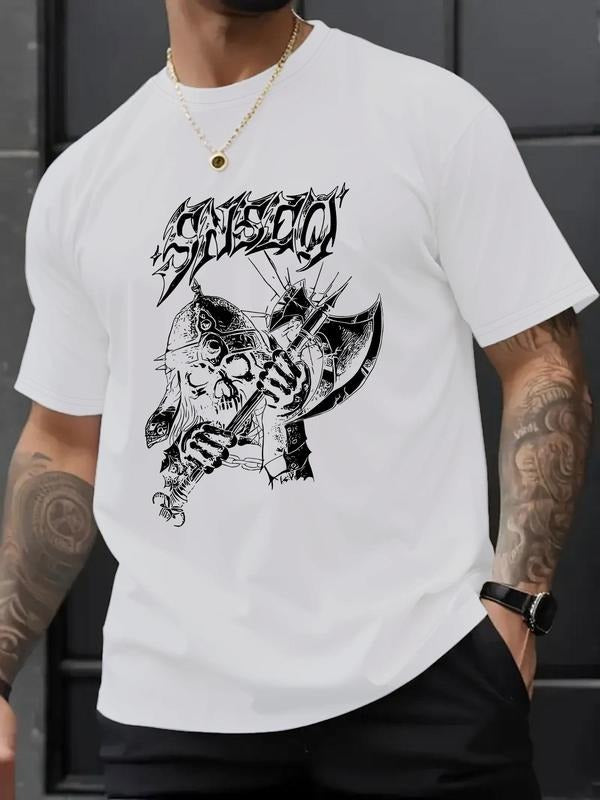 Men's Letter & Skeleton Print Round Neck Graphic Tee, Regular Fit Casual Short Sleeve T-shirt for Summer, Men's Top for...
