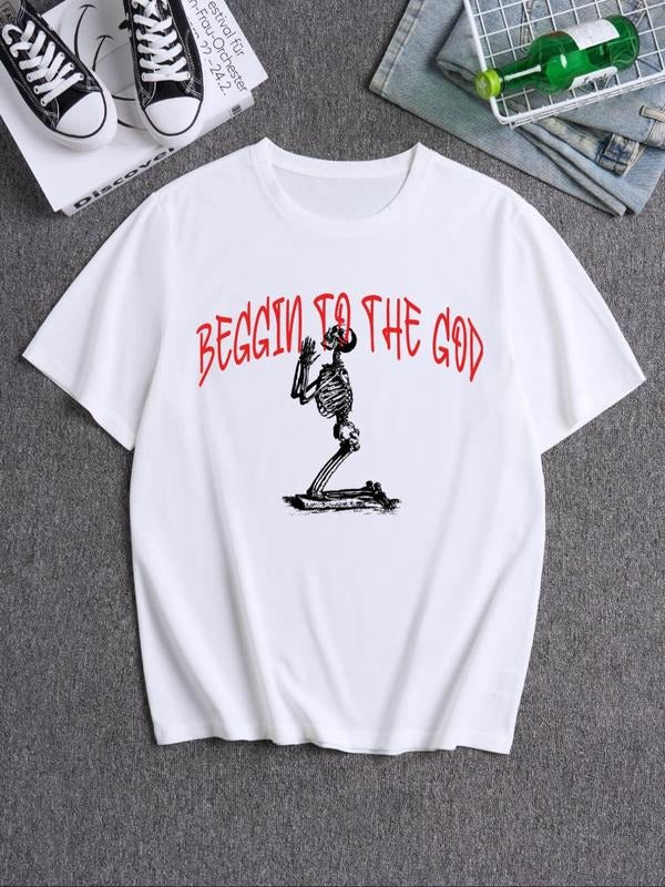 Men's Letter & Skeleton Print Round Neck Tee, Casual Short Sleeve Crew Neck T-shirt for Daily Wear, Men's Clothes for...